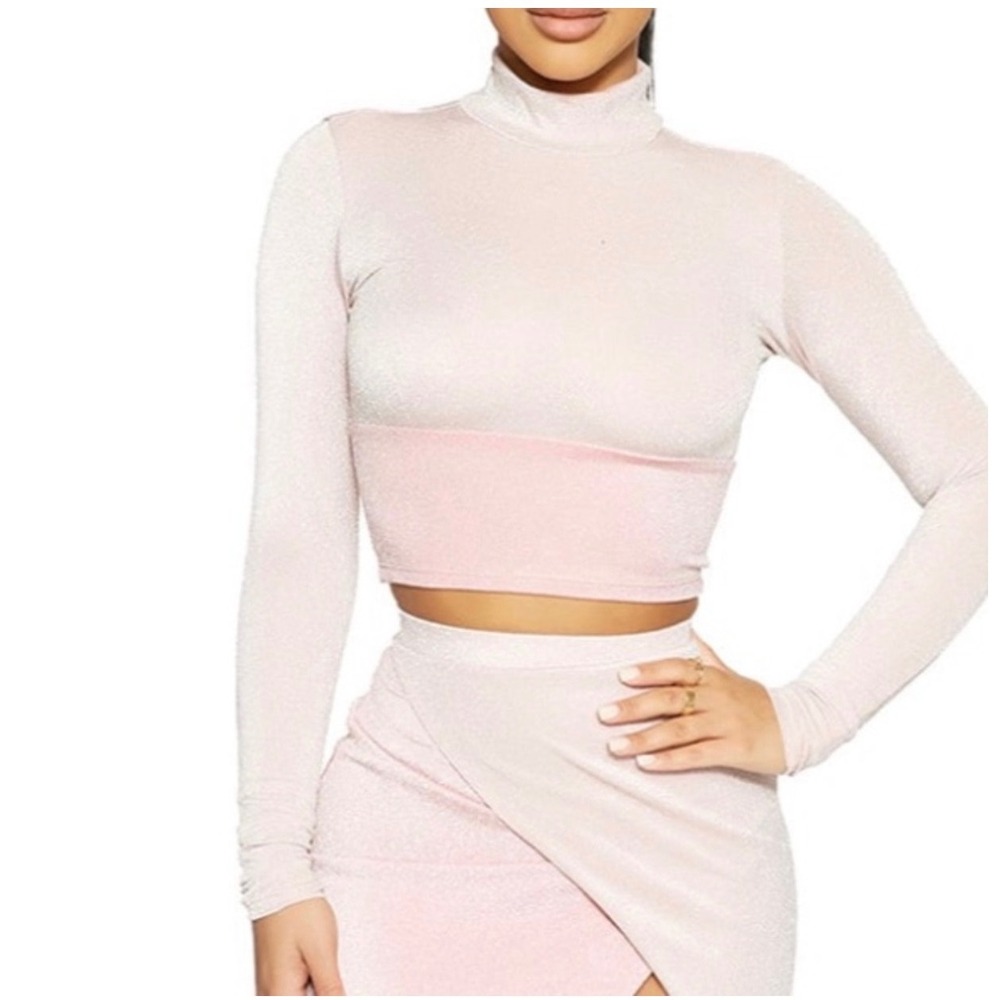 Naked Wardrobe Crop Top Womens S Pink Excellent Metallic Mock Neck NW-T2262